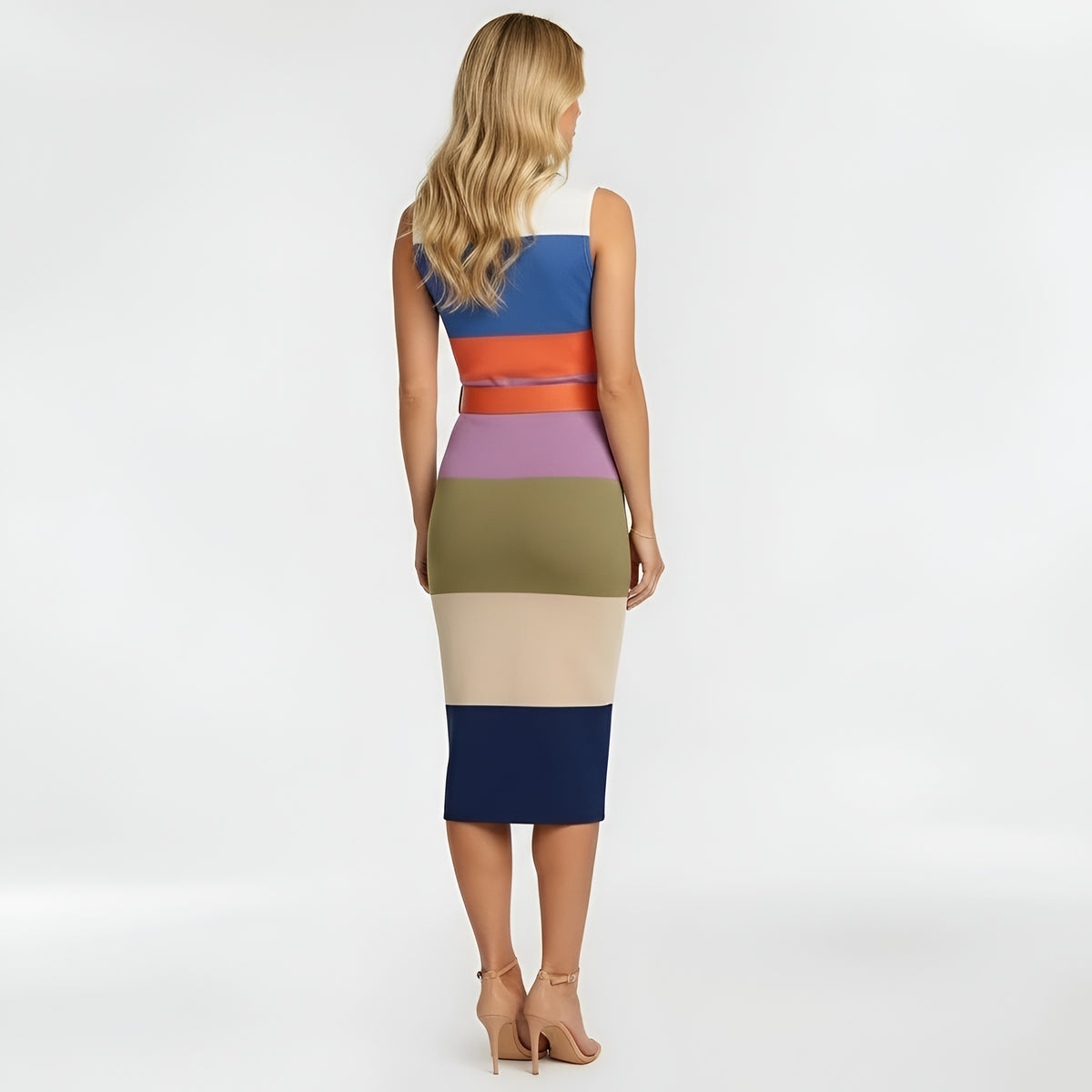 Vestito donna midi aderente senza maniche abito elegante slim fit con cintura