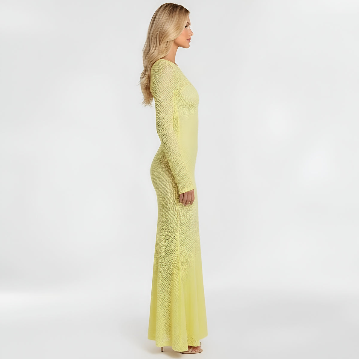 Abito lungo donna in pizzo con maniche lunghe vestito elegante aderente da sera