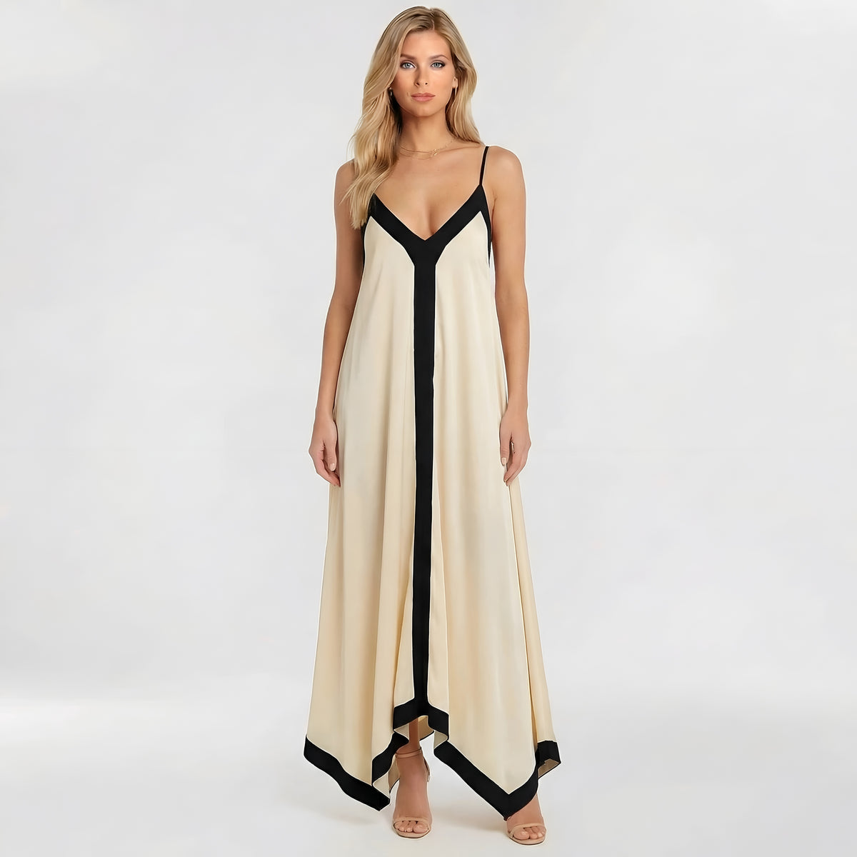 Abito lungo donna elegante con spalline sottili vestito maxi da sera con scollo V