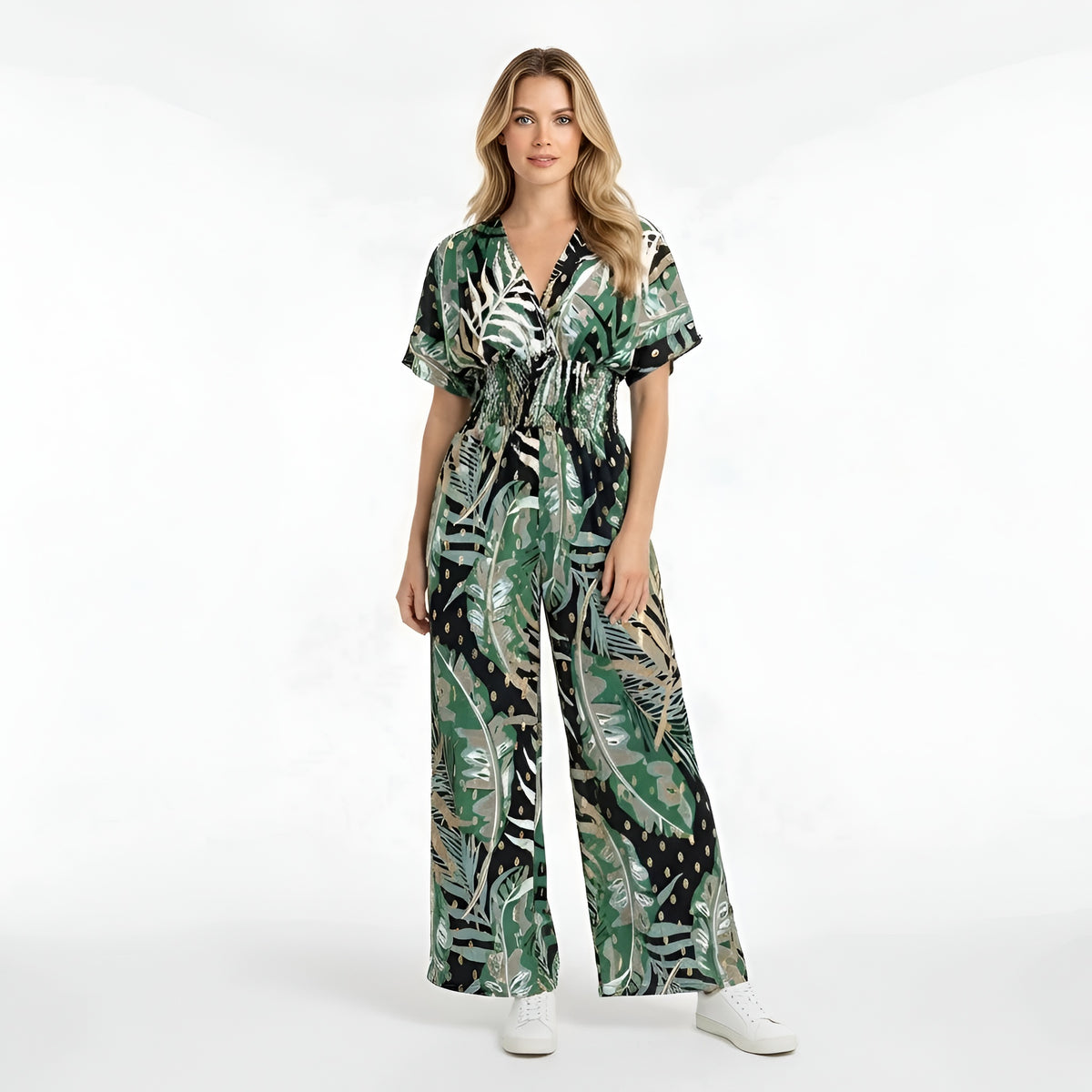 Tuta lunga donna con stampa foglie scollo V manica corta jumpsuit casual estiva