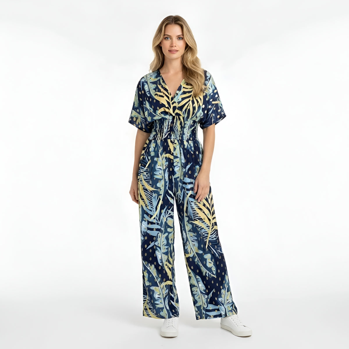 Tuta lunga donna con stampa foglie scollo V manica corta jumpsuit casual estiva