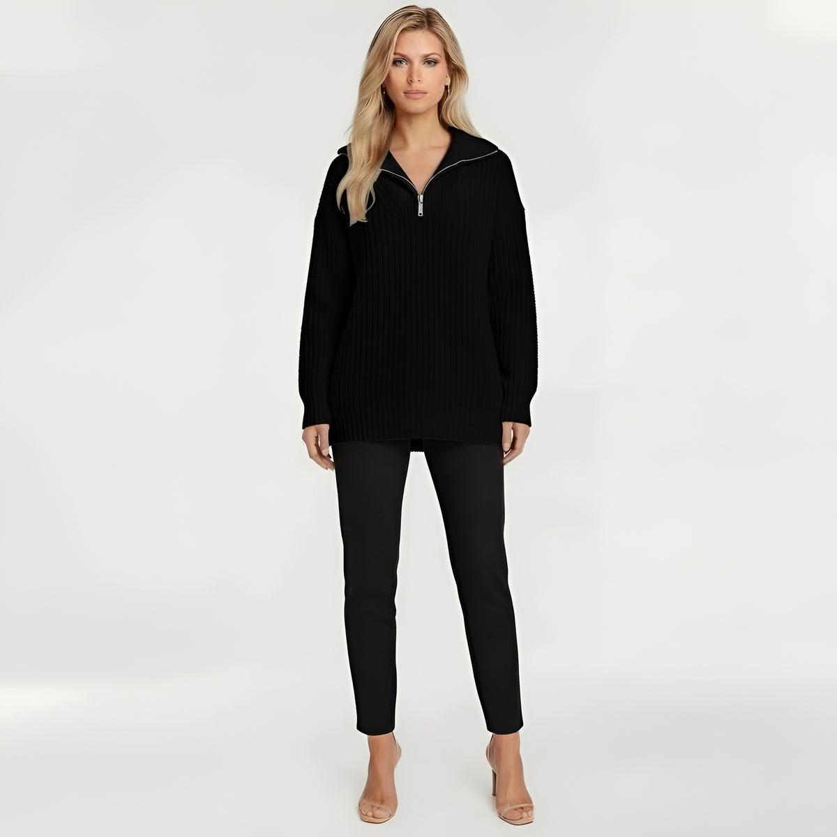 Maglione lungo donna con zip colletto alto maglia oversize casual a coste