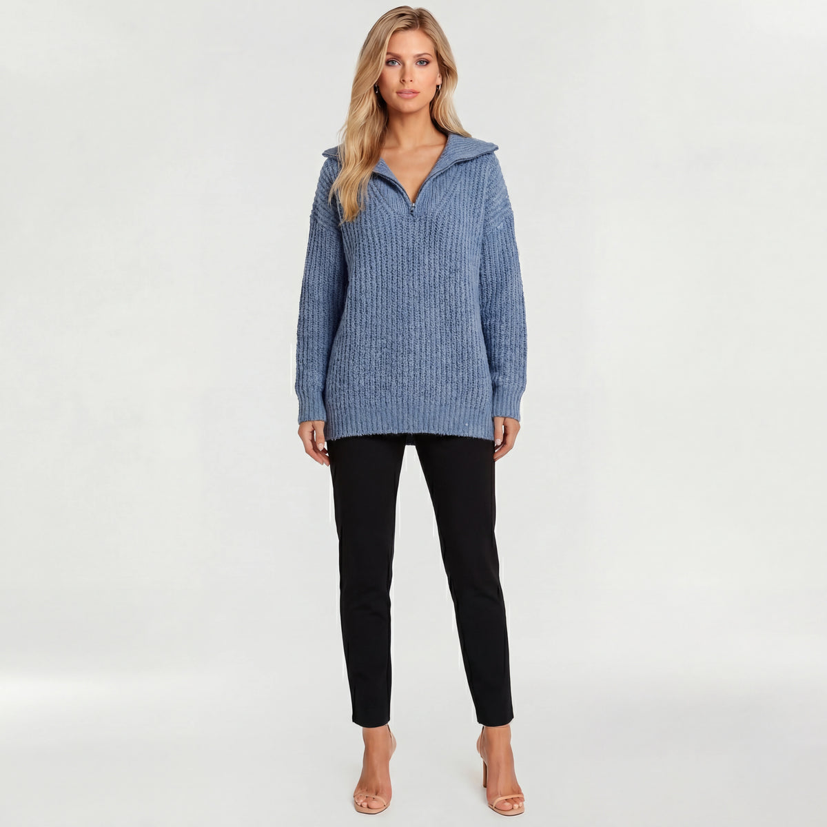 Maglione lungo donna con zip colletto alto maglia oversize casual a coste