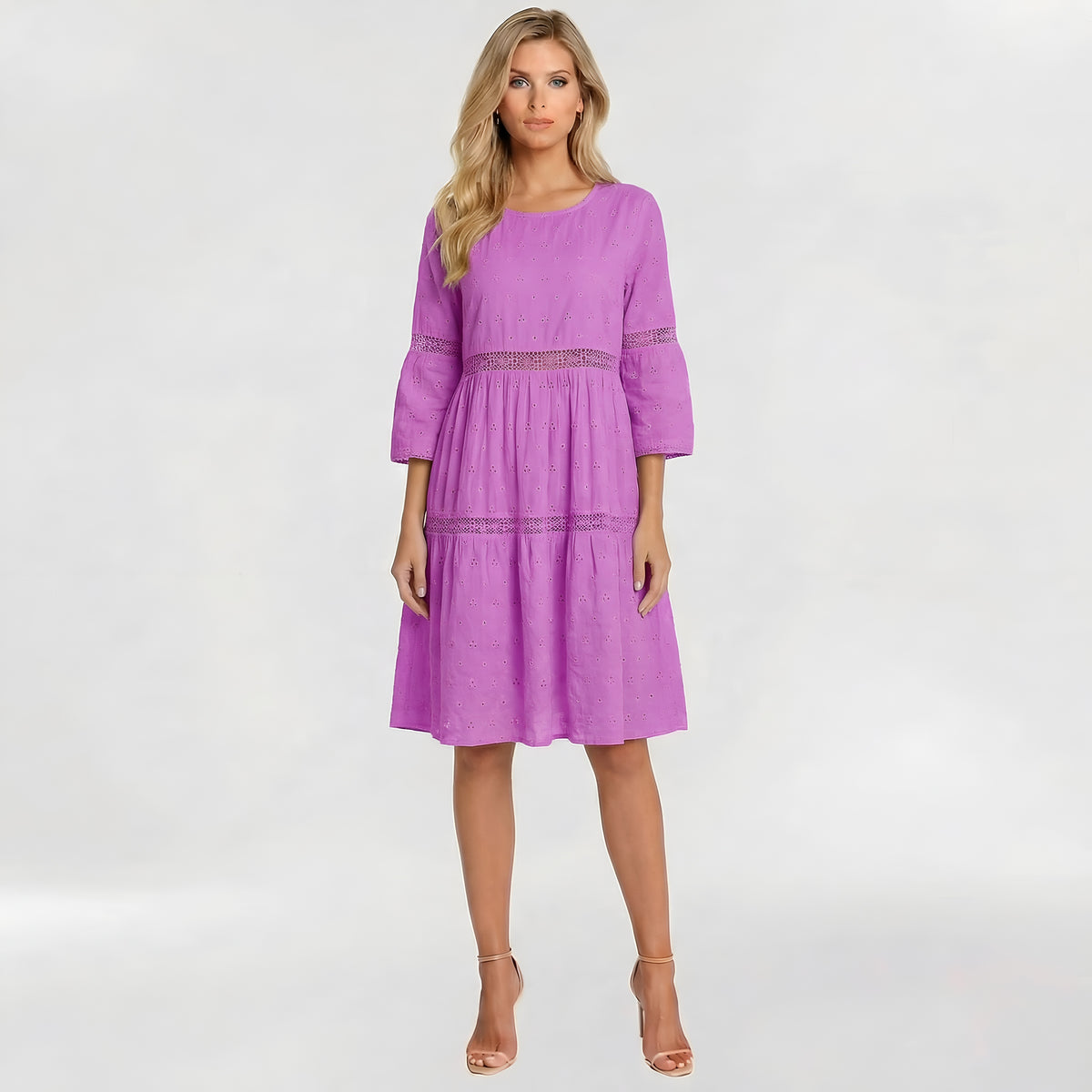 Vestito donna midi cotone maniche 3/4 ricamo sangallo casual estivo elegante