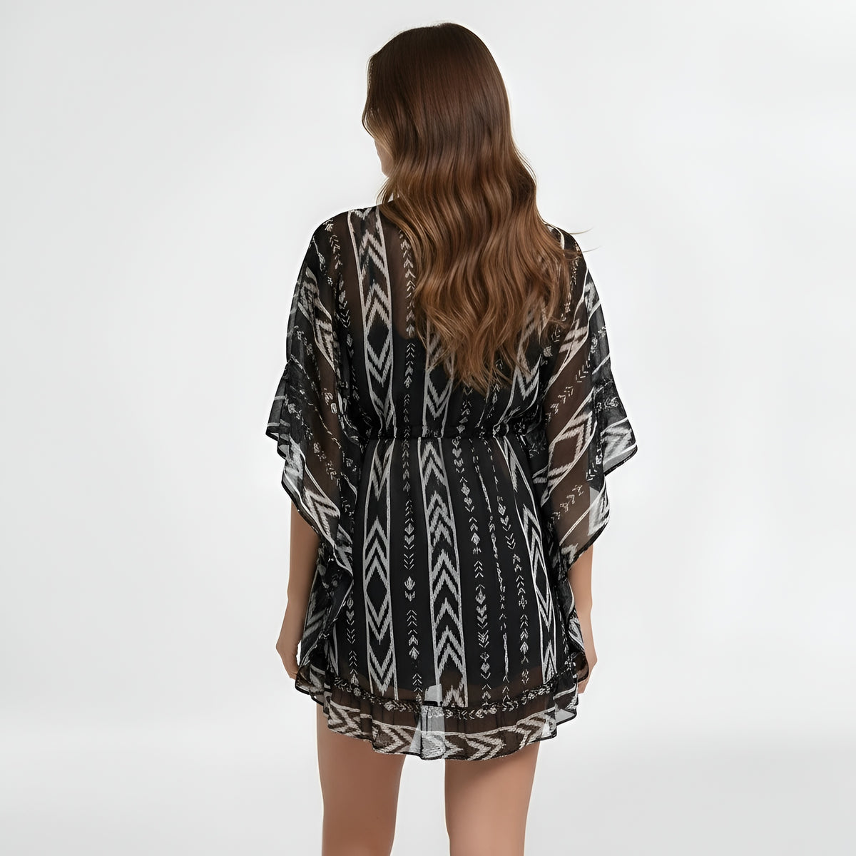 Caftano donna copricostume mare chiffon con stampa etnica abito da spiaggia corto