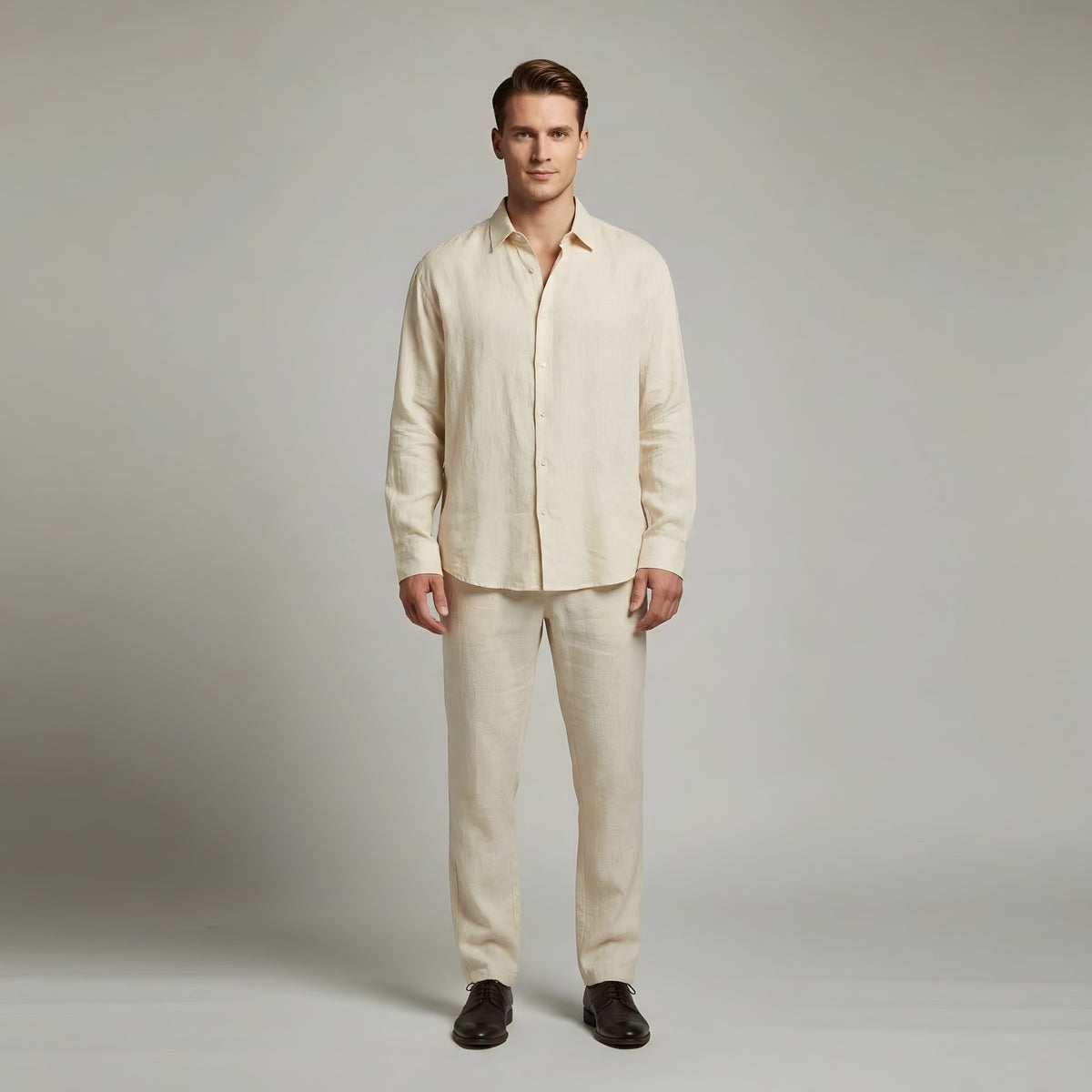Completo Uomo in Lino Camicia e Pantaloni Elegante Casual Estivo Maniche Lunghe