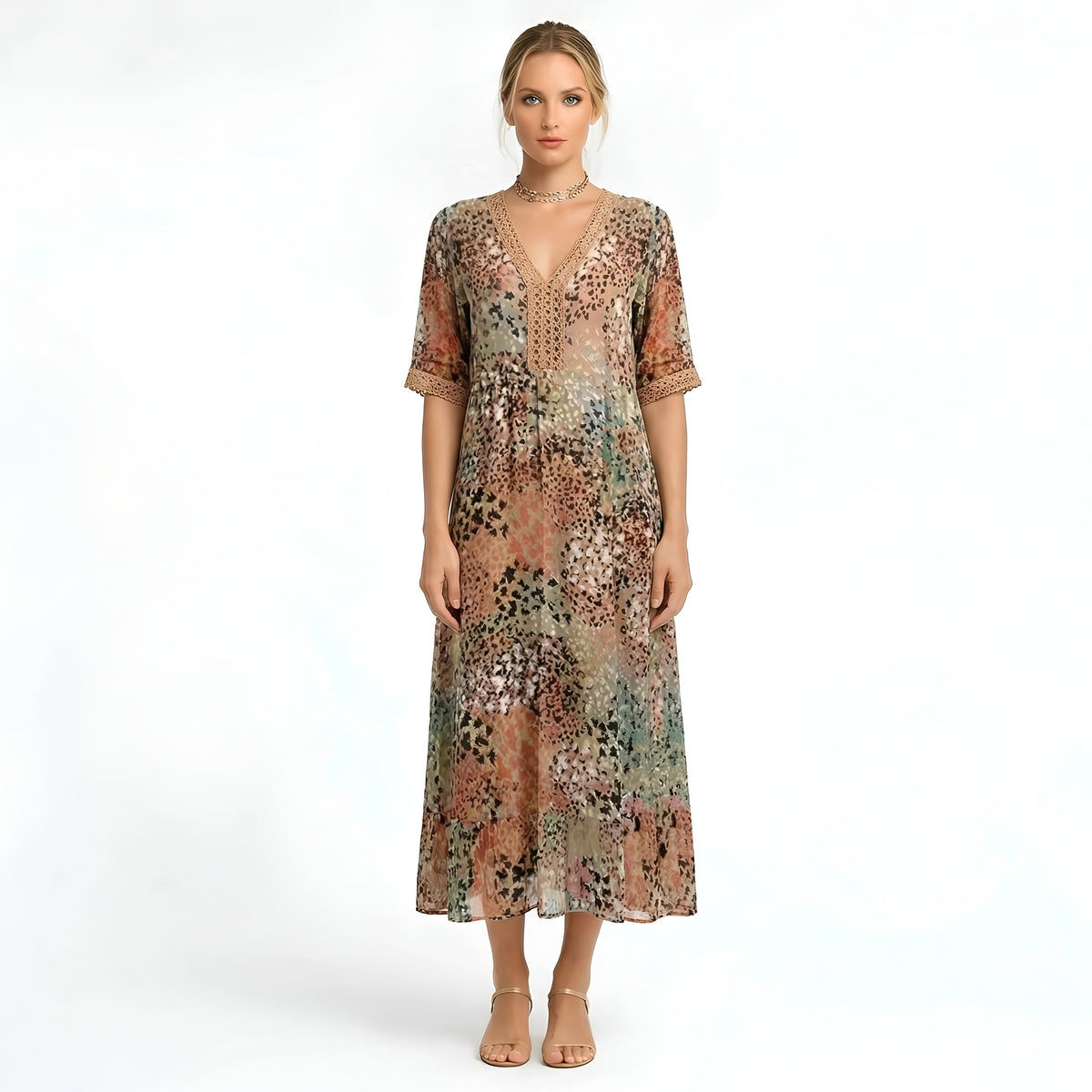 Vestito Lungo Donna Stampa Floreale Scollo a V Abito Estivo Maniche Corte Midi