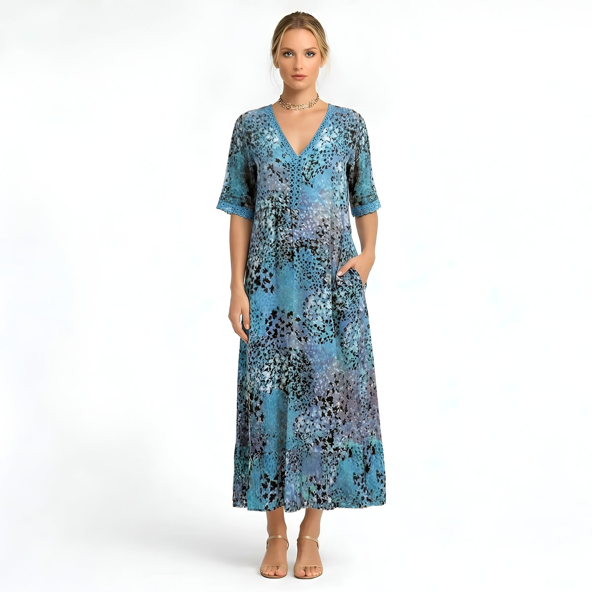 Vestito Lungo Donna Stampa Floreale Scollo a V Abito Estivo Maniche Corte Midi