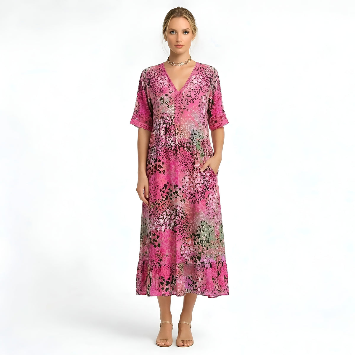 Vestito Lungo Donna Stampa Floreale Scollo a V Abito Estivo Maniche Corte Midi