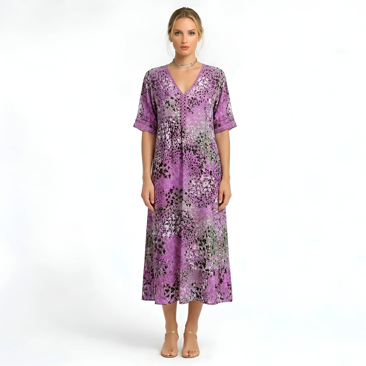 Vestito Lungo Donna Stampa Floreale Scollo a V Abito Estivo Maniche Corte Midi