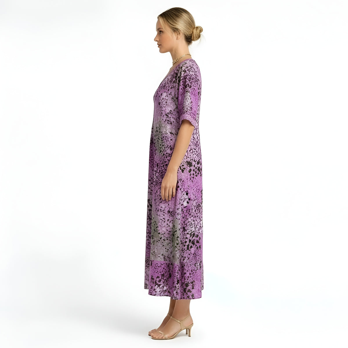Vestito Lungo Donna Stampa Floreale Scollo a V Abito Estivo Maniche Corte Midi