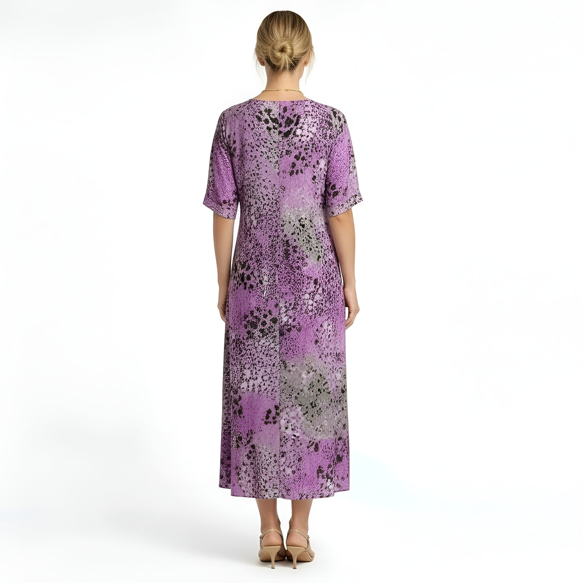 Vestito Lungo Donna Stampa Floreale Scollo a V Abito Estivo Maniche Corte Midi