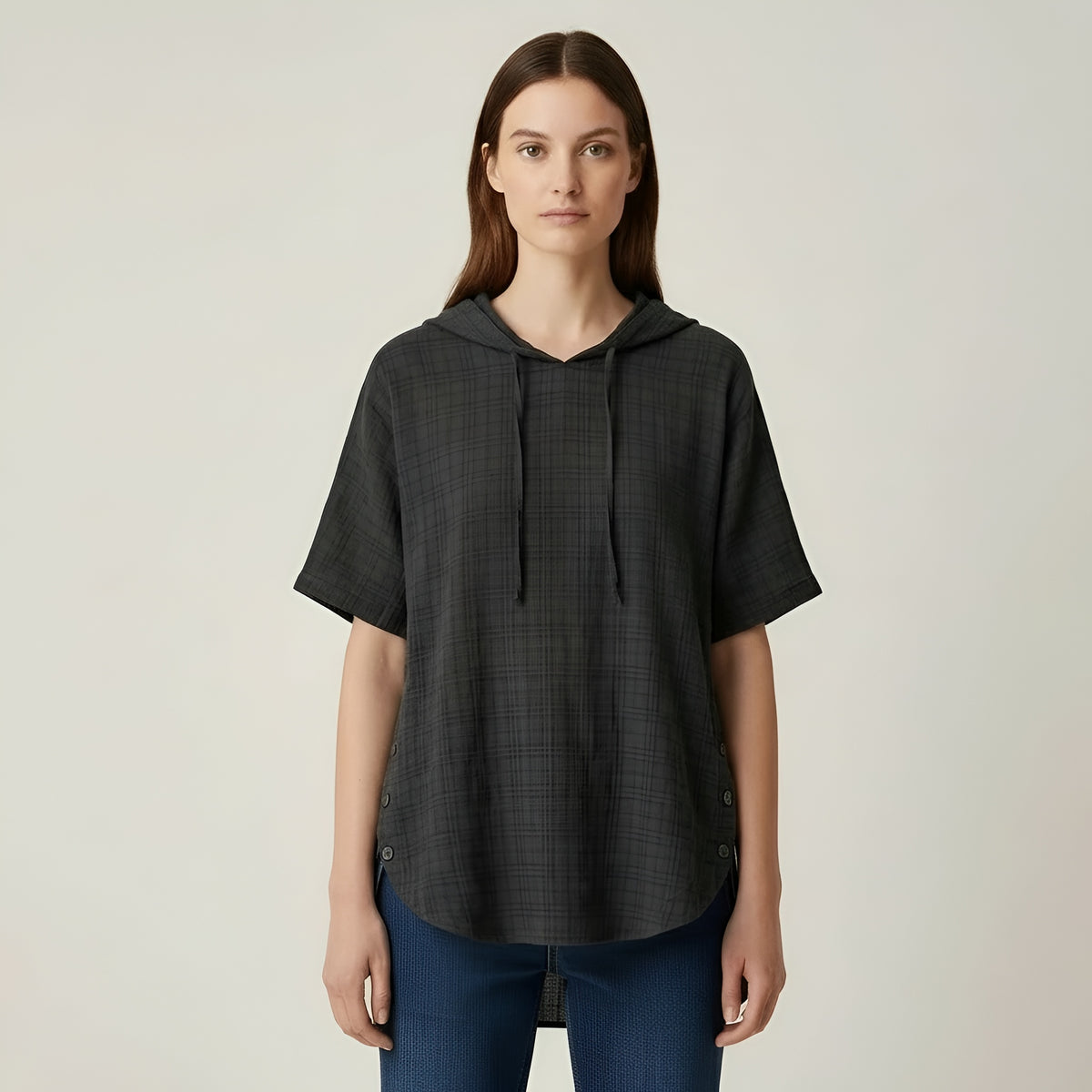 Blusa Donna Oversize in Cotone Maniche Corte Tunica Casual Larga con Bottoni