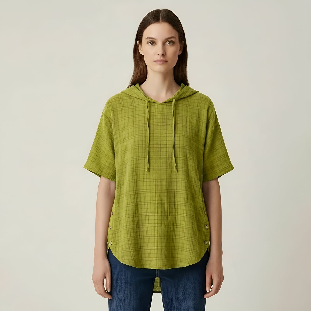 Blusa Donna Oversize in Cotone Maniche Corte Tunica Casual Larga con Bottoni