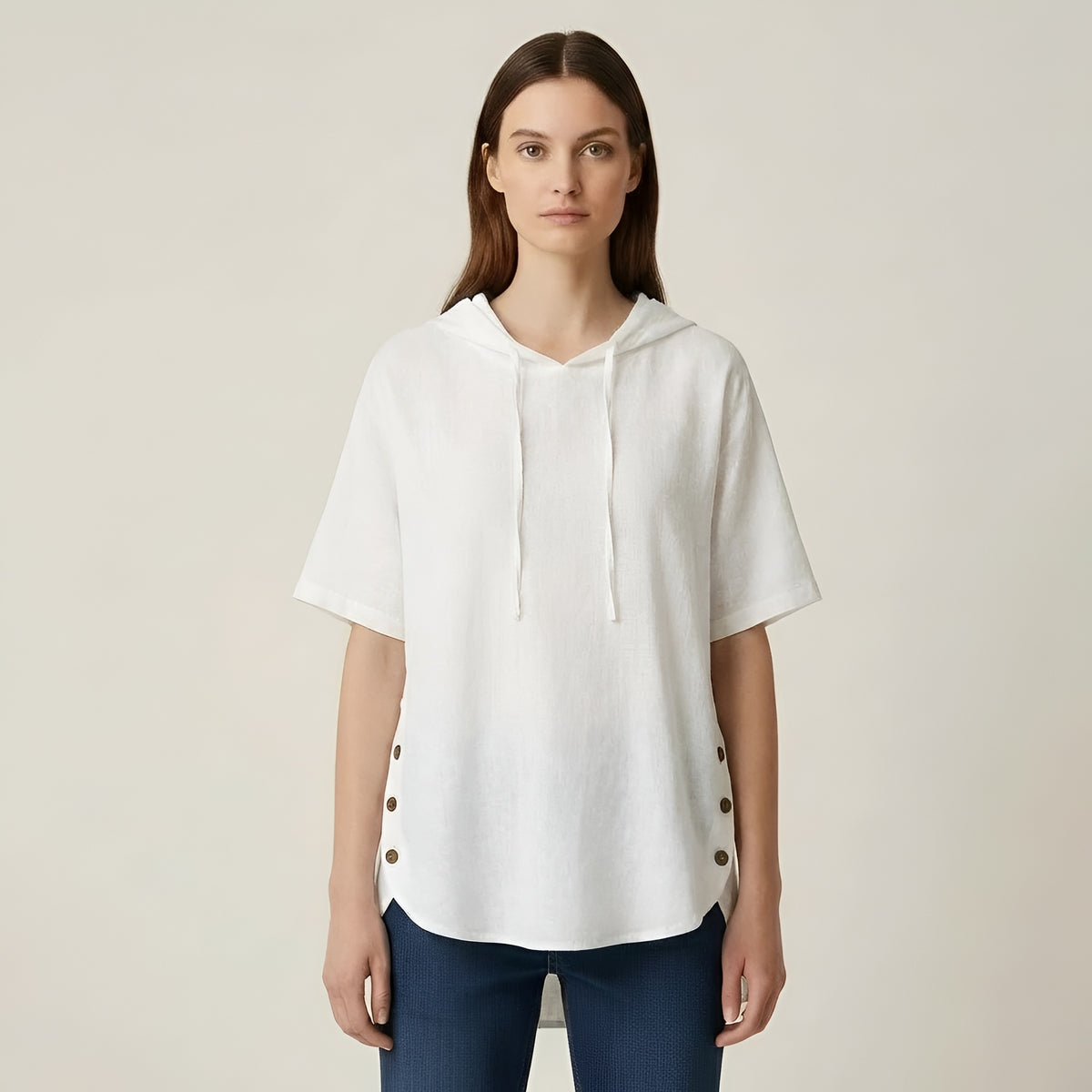 Blusa Donna Oversize in Cotone Maniche Corte Tunica Casual Larga con Bottoni