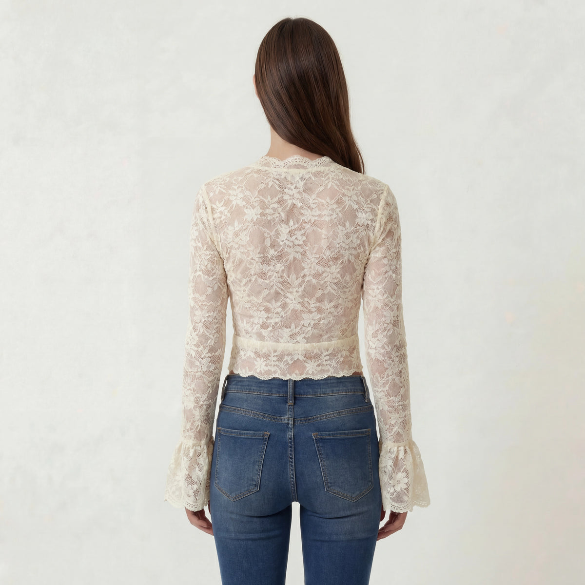 Blusa Donna in Pizzo Scollo a V Maniche Lunghe Top Elegante Slim Fit Casual