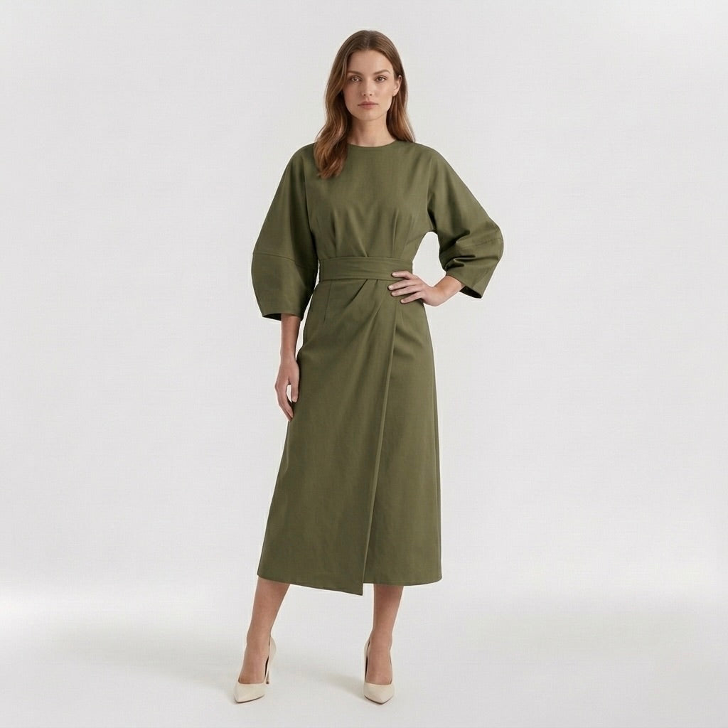Abito Midi Elegante da Donna a Maniche Lunghe – Vestito Casual Chic con Cintura