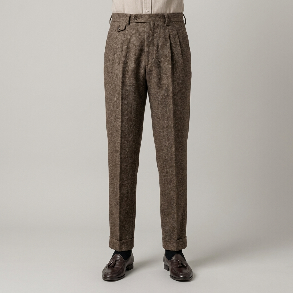 Elegante Pantalone Uomo Vita Alta Doppia Piega Gamba Dritta