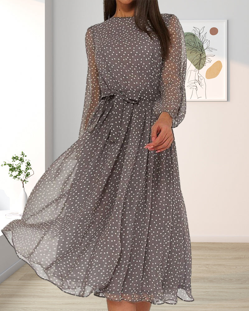 Abito a Pois Largo da Donna Lunghezza Ginocchio Linea A Maniche Lunghe Elegante Casual