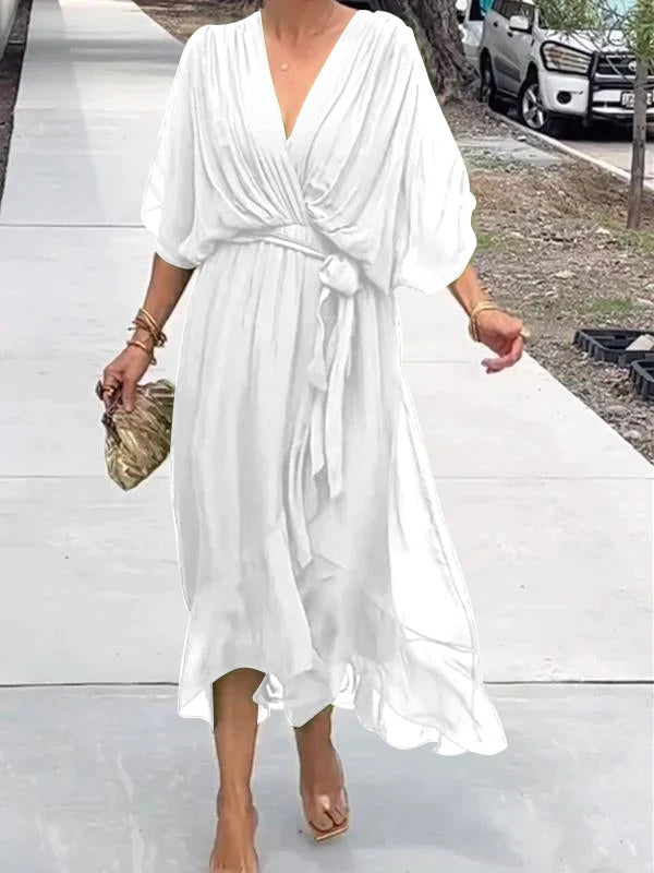 Vestito Estivo da Donna in Chiffon con Cintura e Scollo a V