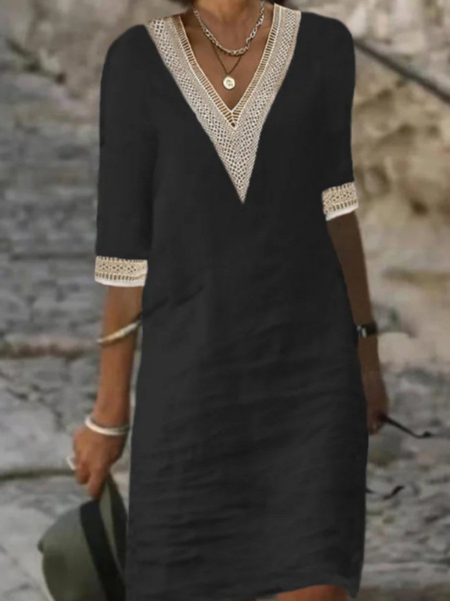 Abito Casual in Misto Lino con Scollo a V e Bordi in Pizzo