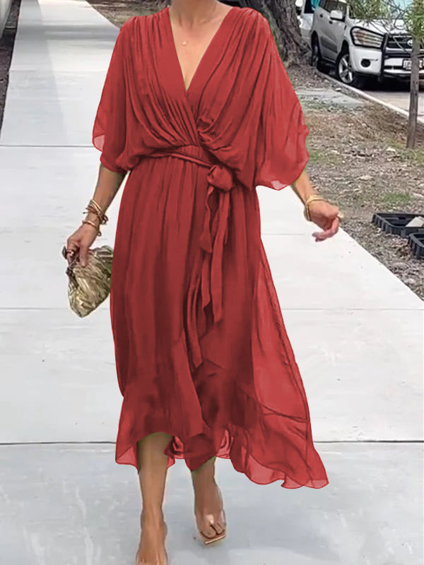 Vestito Estivo da Donna in Chiffon con Cintura e Scollo a V