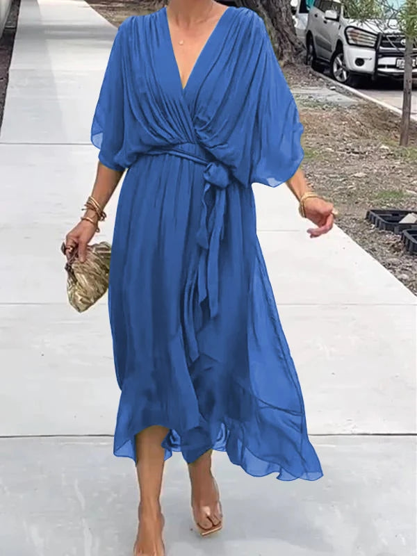 Vestito Estivo da Donna in Chiffon con Cintura e Scollo a V