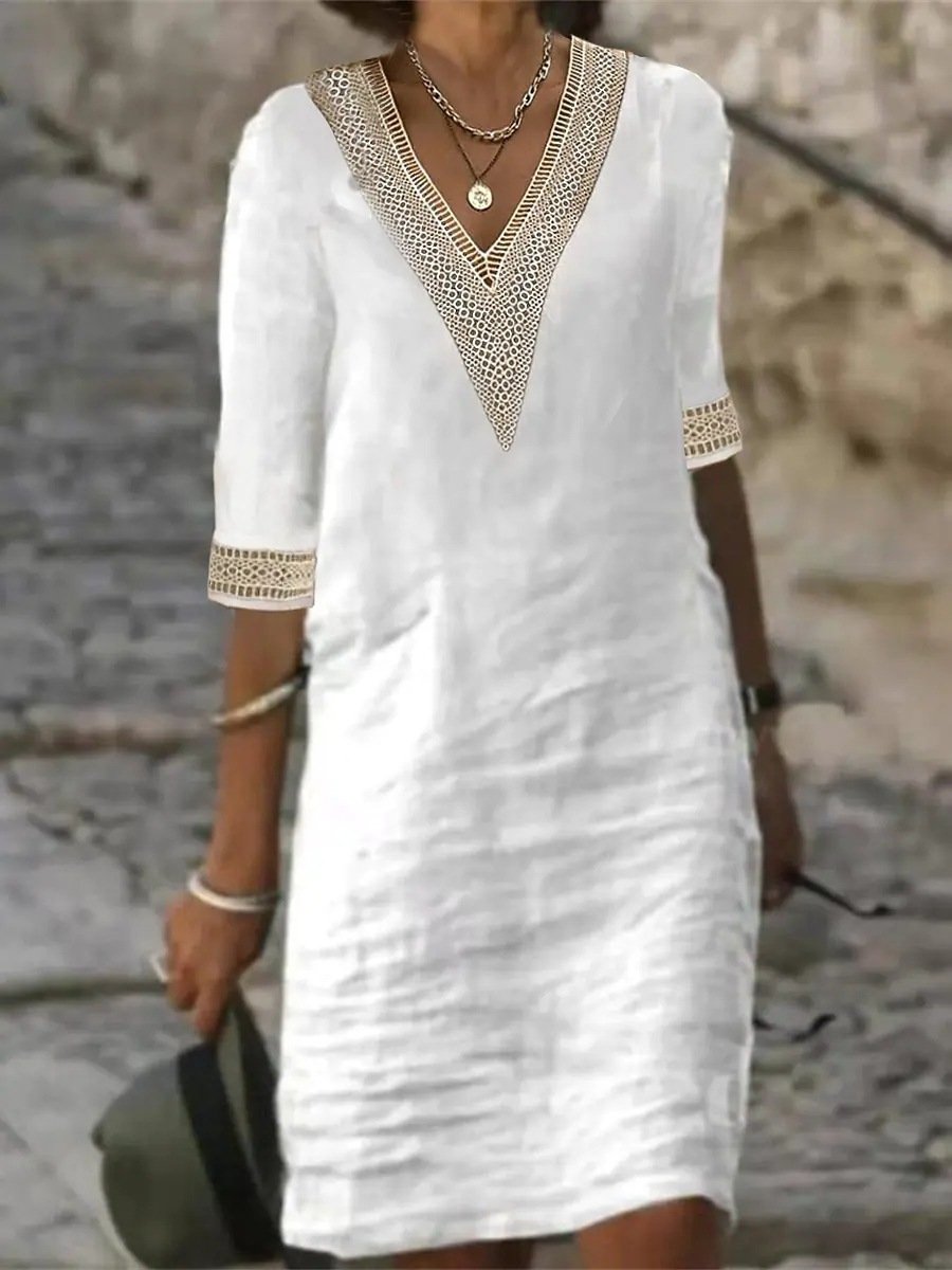 Abito Casual in Misto Lino con Scollo a V e Bordi in Pizzo