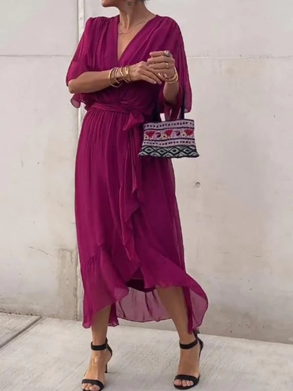 Vestito Estivo da Donna in Chiffon con Cintura e Scollo a V