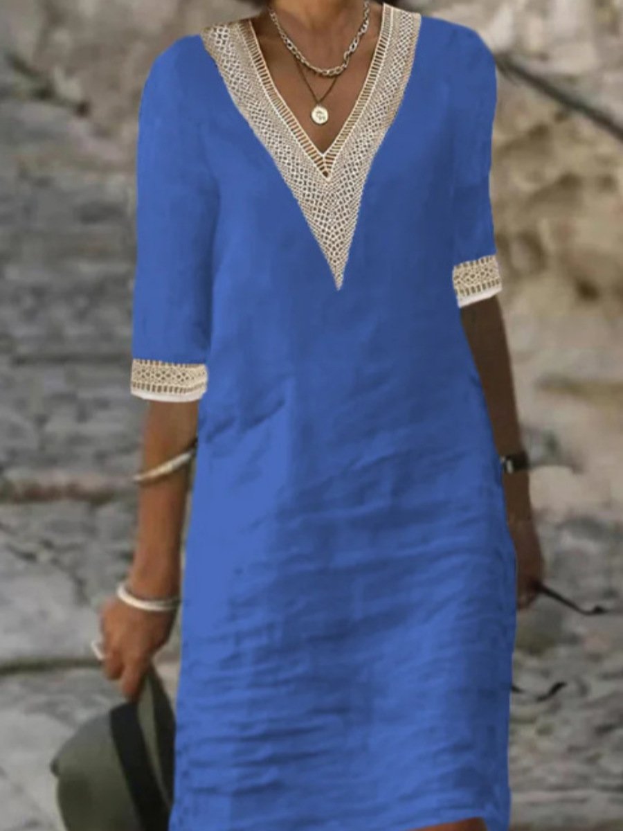 Abito Casual in Misto Lino con Scollo a V e Bordi in Pizzo