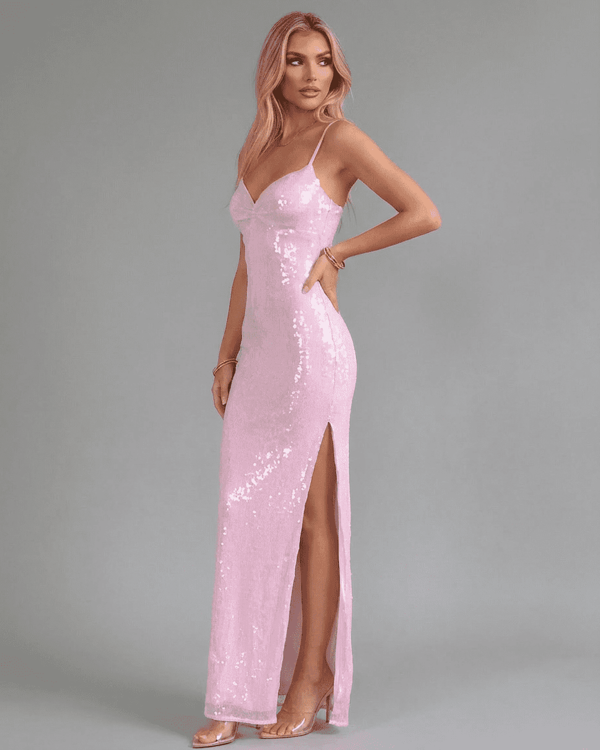 Celeste Maxi Dress by Lauven, featuring a pink sequin V-neck design and side slit, perfect for parties.