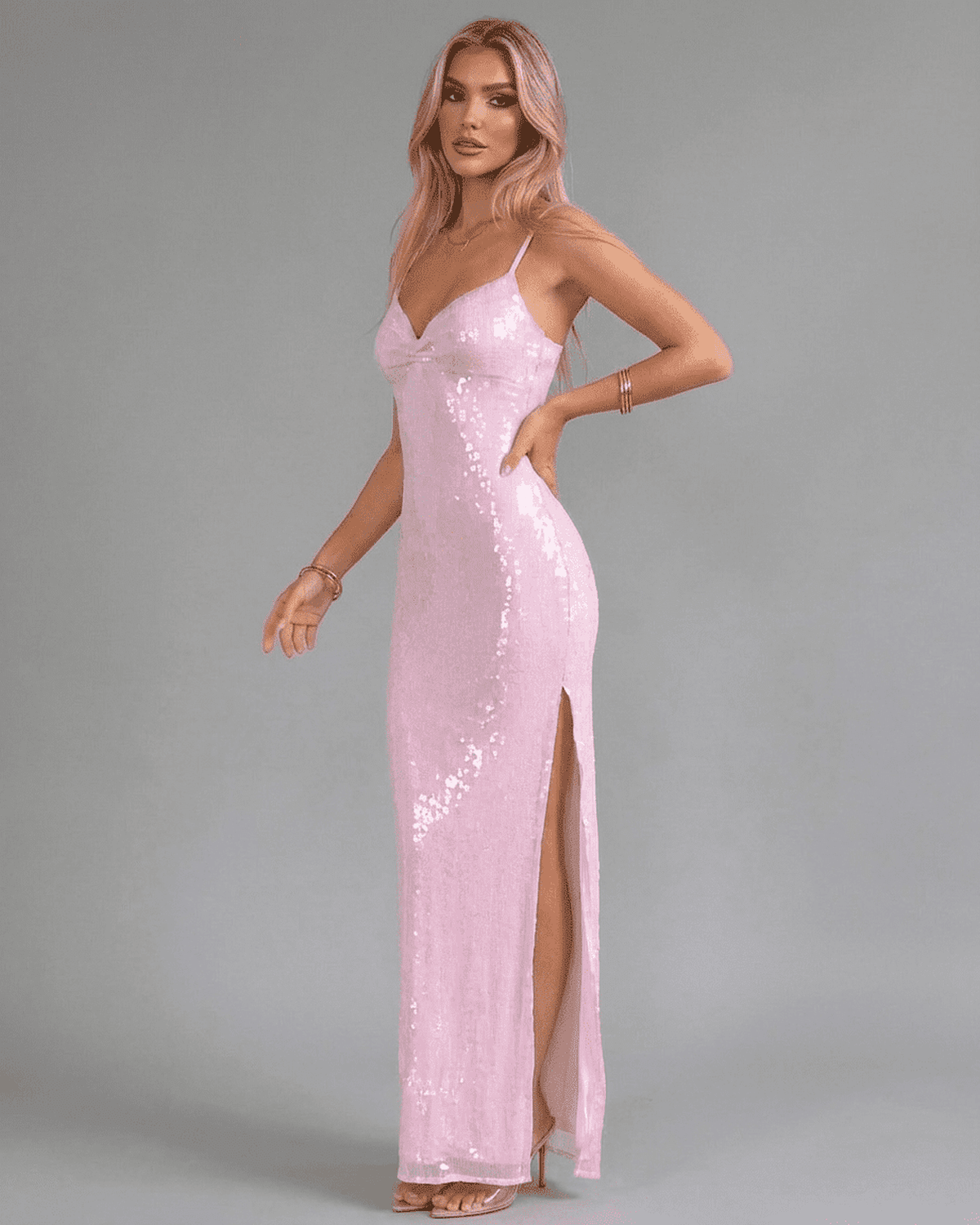 Celeste Maxi Dress by Lauven, pink sequin party dress with V-neck and side slit, perfect evening attire.