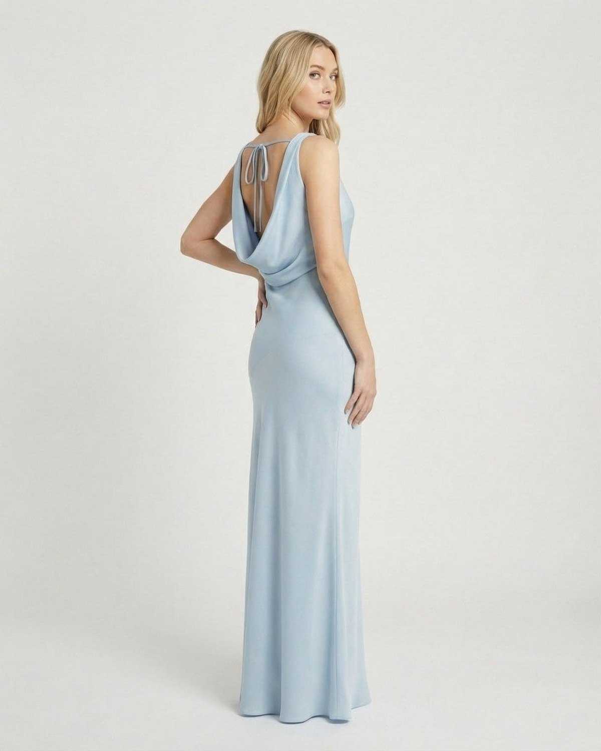 Celeste Maxi Dress by Lauven, showcasing a satin-effect cowl neck and elegant sleeveless design in light blue.