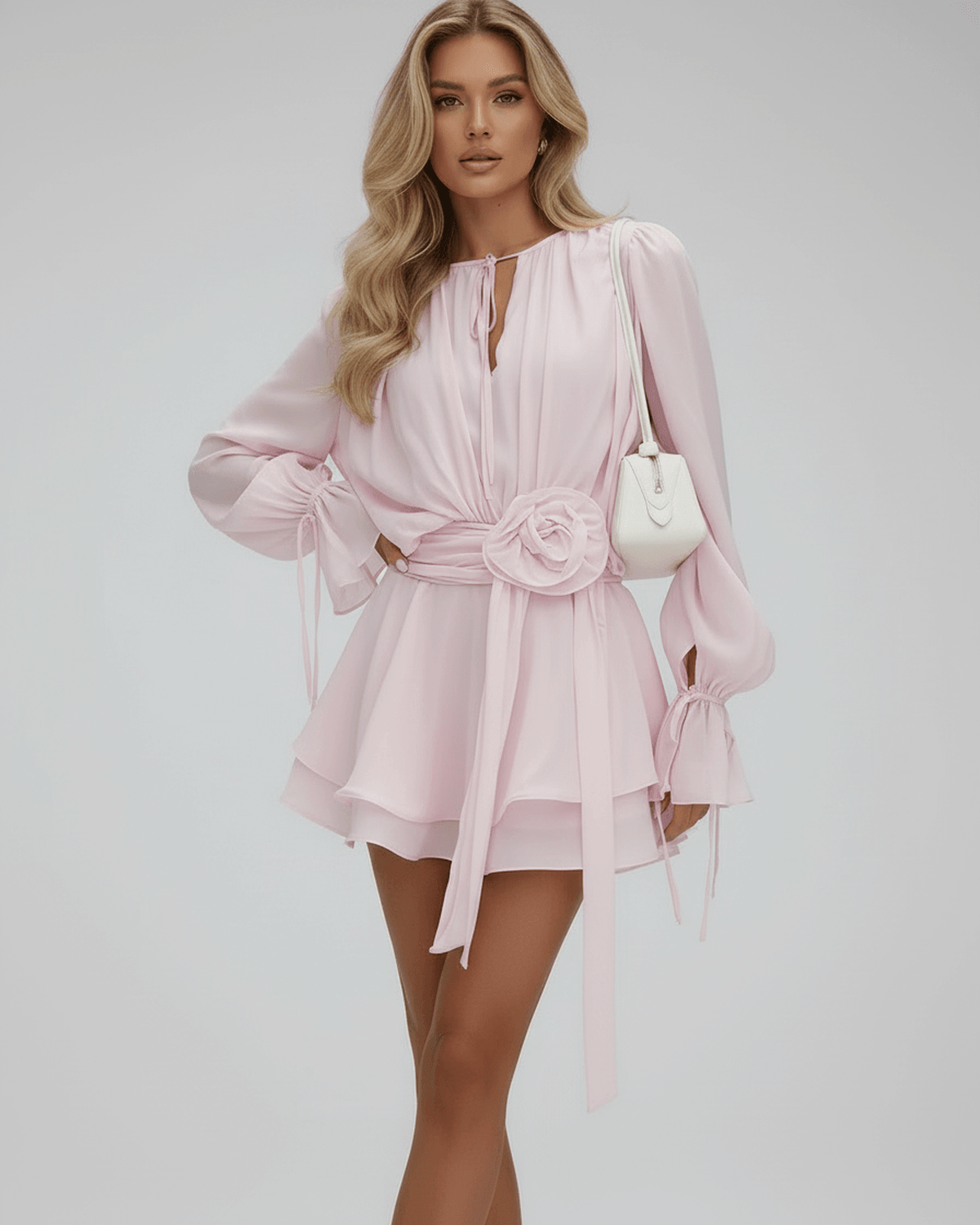 Model wearing Lauven Florence Mini Dress in soft pink with 3D embellishments and flare sleeves.