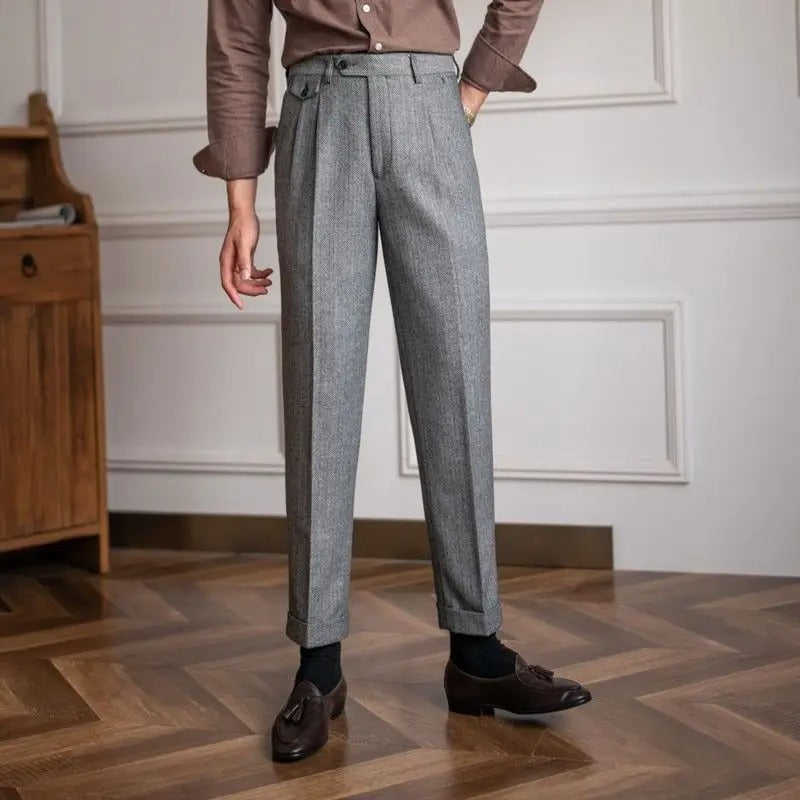 Elegante Pantalone Uomo Vita Alta Doppia Piega Gamba Dritta