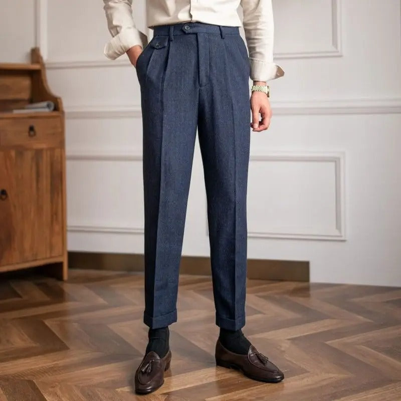 Elegante Pantalone Uomo Vita Alta Doppia Piega Gamba Dritta