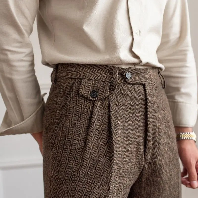 Elegante Pantalone Uomo Vita Alta Doppia Piega Gamba Dritta
