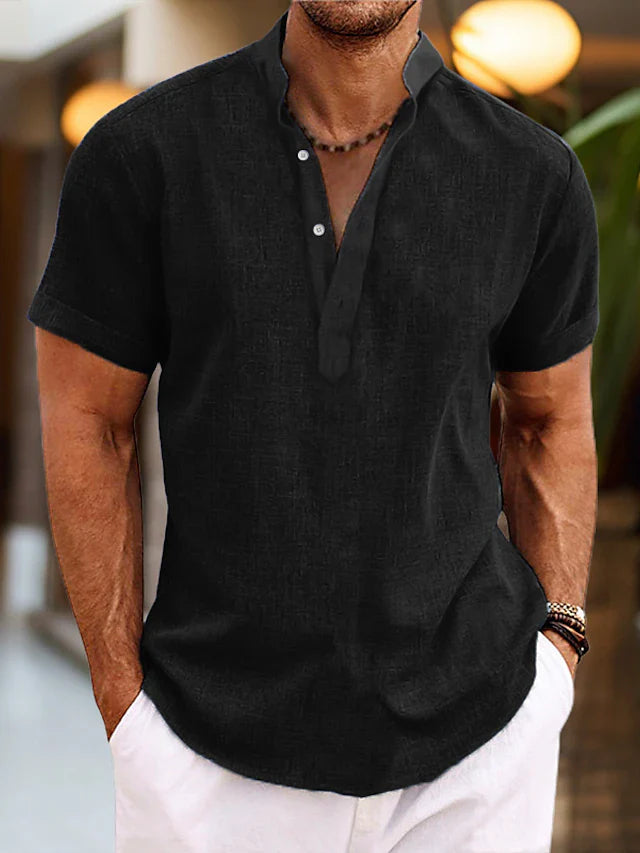 Camicia in Lino da Uomo Silas – Camicia Estiva Traspirante con Collo Henley e Maniche Corte