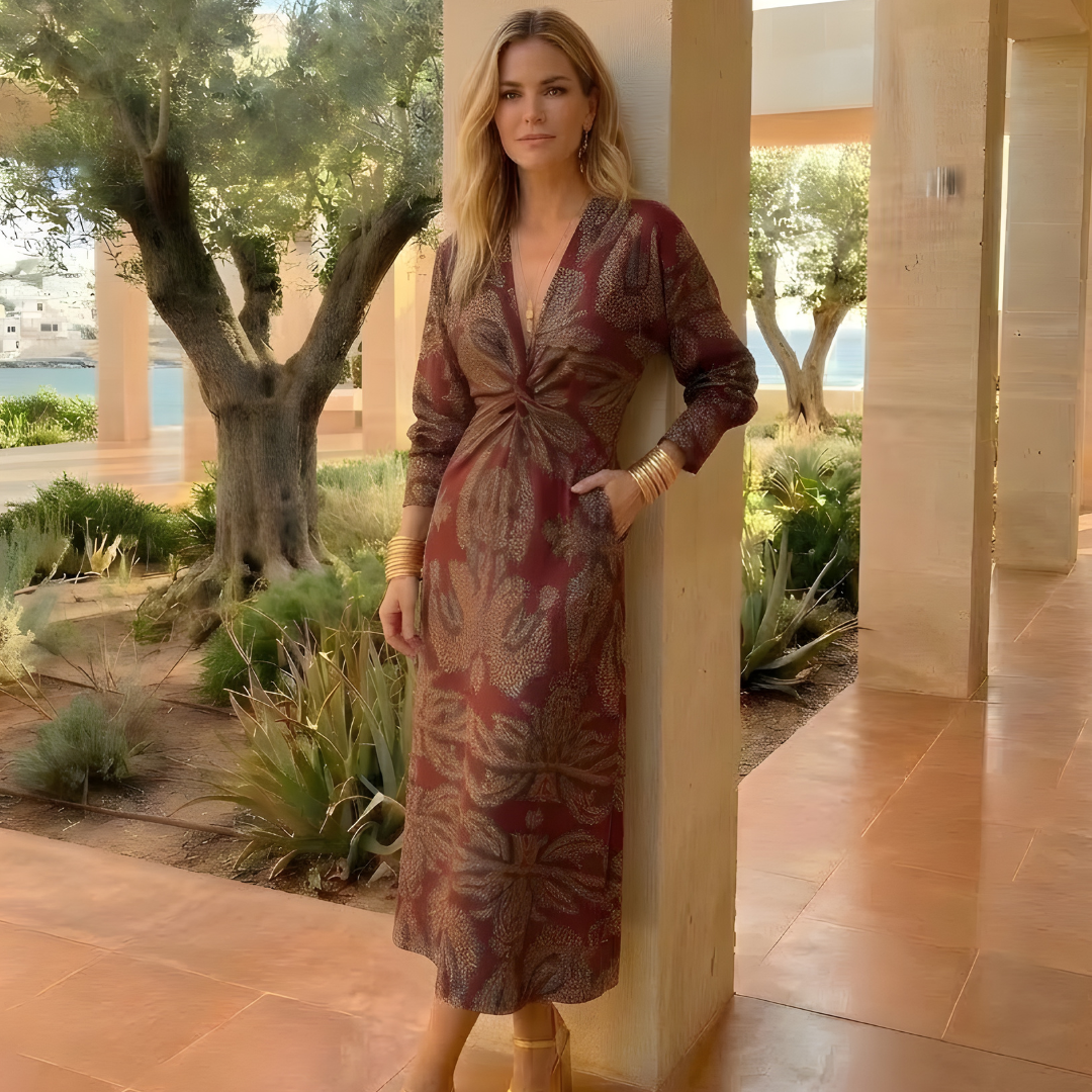 Carmen | Vestito Lungo Stampato Ospite di Nozze con Drappeggio