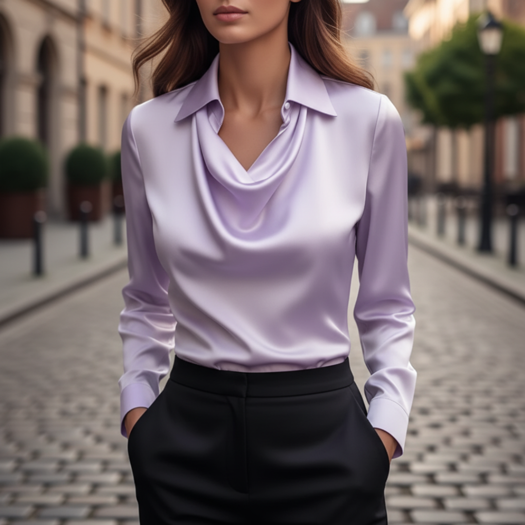 Camicia Donna in Raso con Collo Cowl a Maniche Lunghe