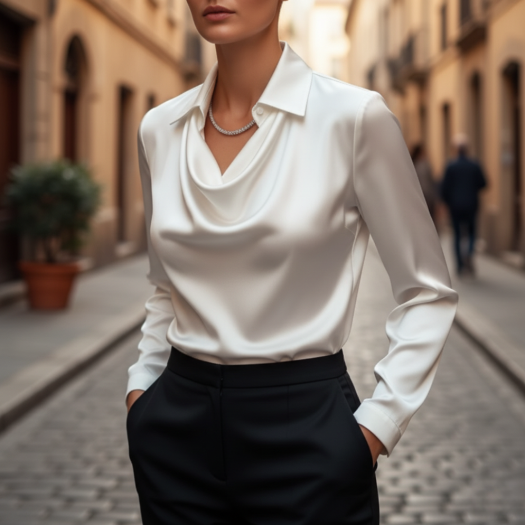 Camicia Donna in Raso con Collo Cowl a Maniche Lunghe