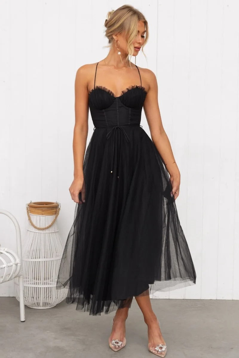 Abito Midi da Invitata a Nozze in Tulle con Corsetto e Spalline Sottili