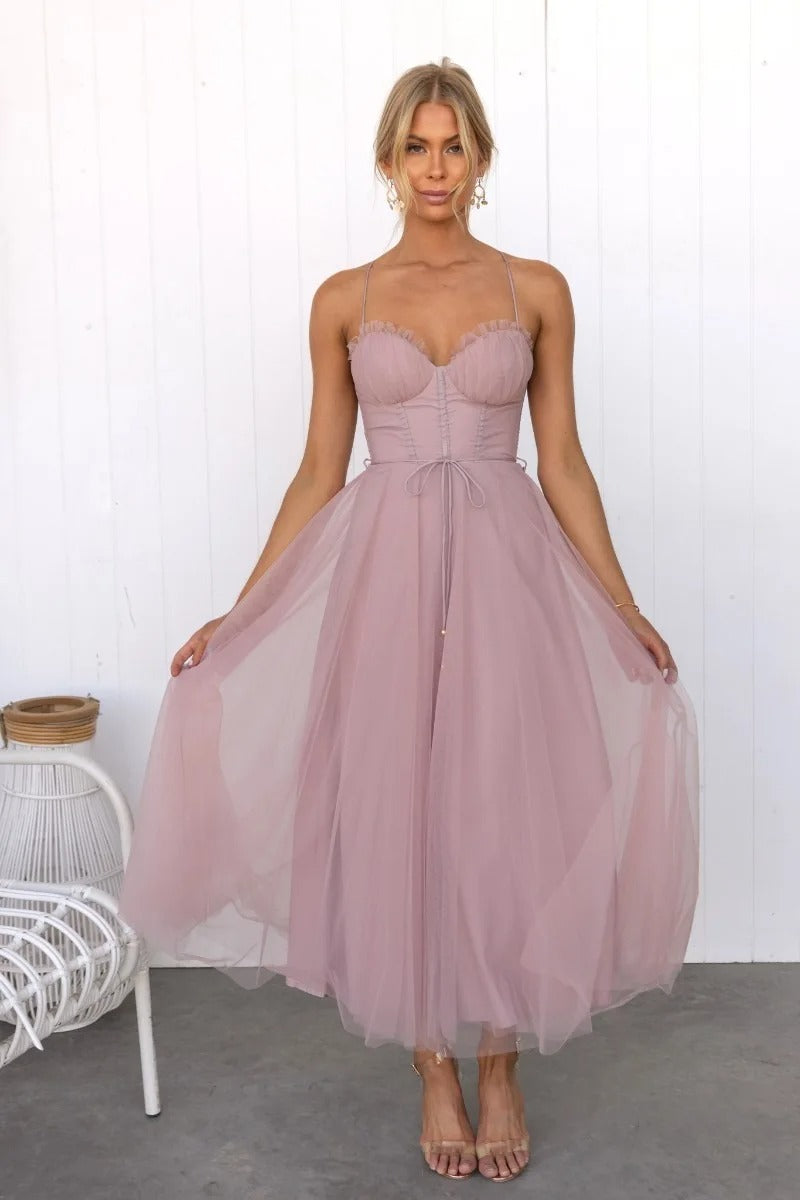 Abito Midi da Invitata a Nozze in Tulle con Corsetto e Spalline Sottili