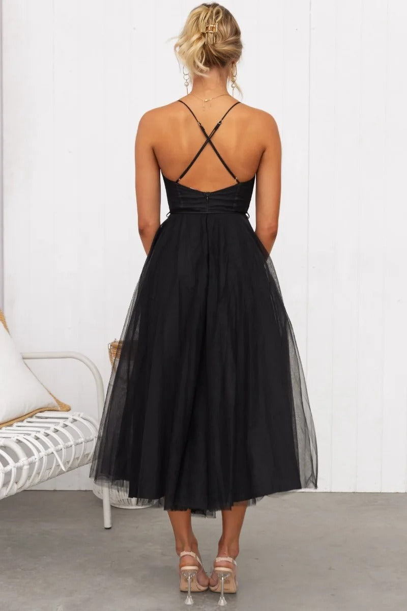 Abito Midi da Invitata a Nozze in Tulle con Corsetto e Spalline Sottili