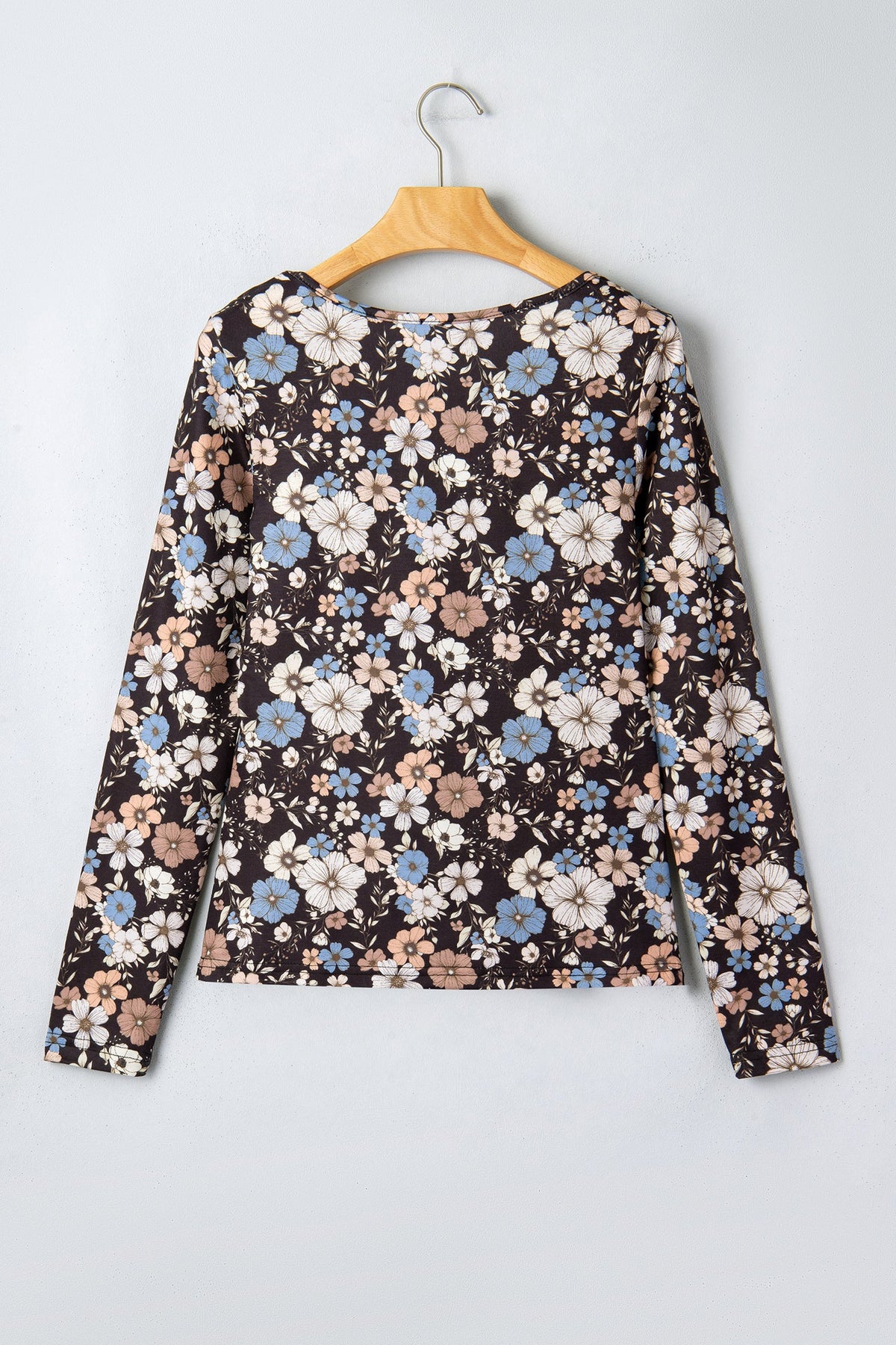 T-shirt Slim a Maniche Lunghe con Stampa Floreale Nera