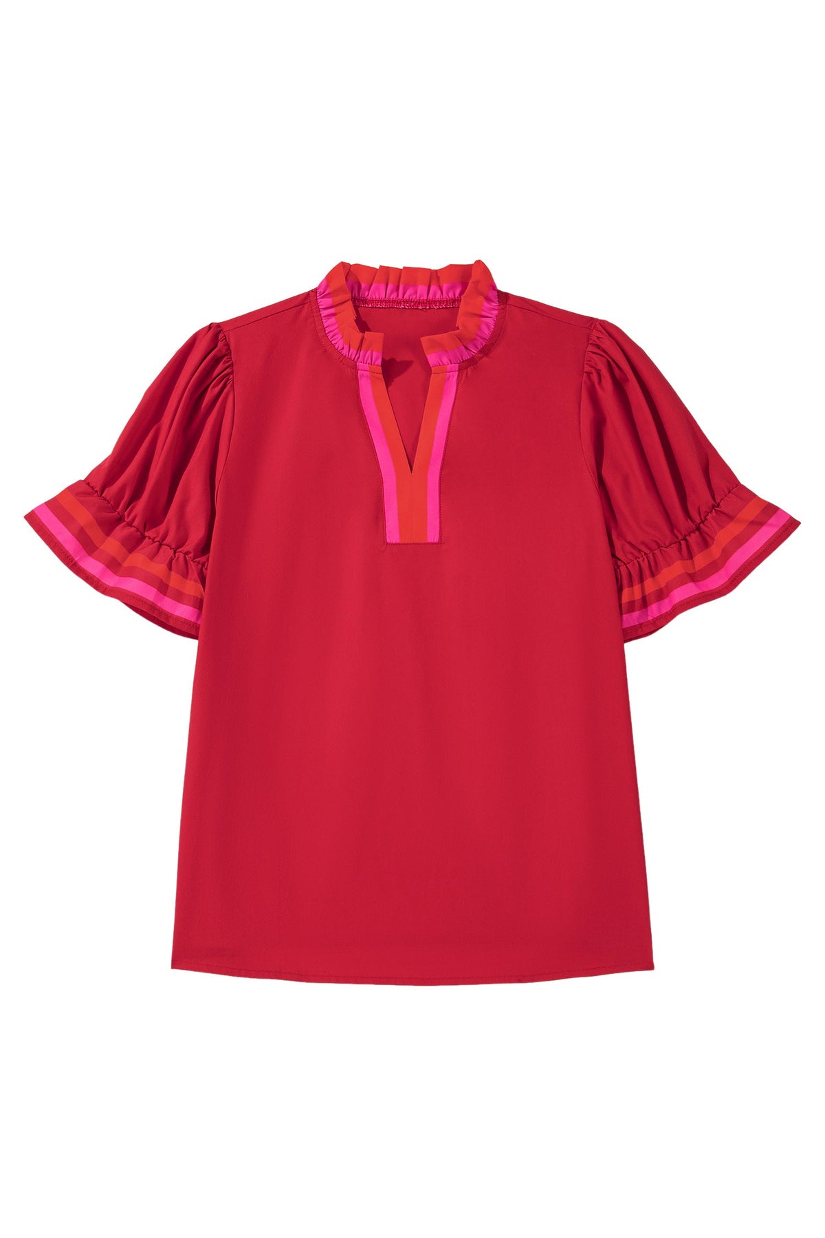 Blusa a righe rosso fuoco con colletto a volant e maniche corte arricciate