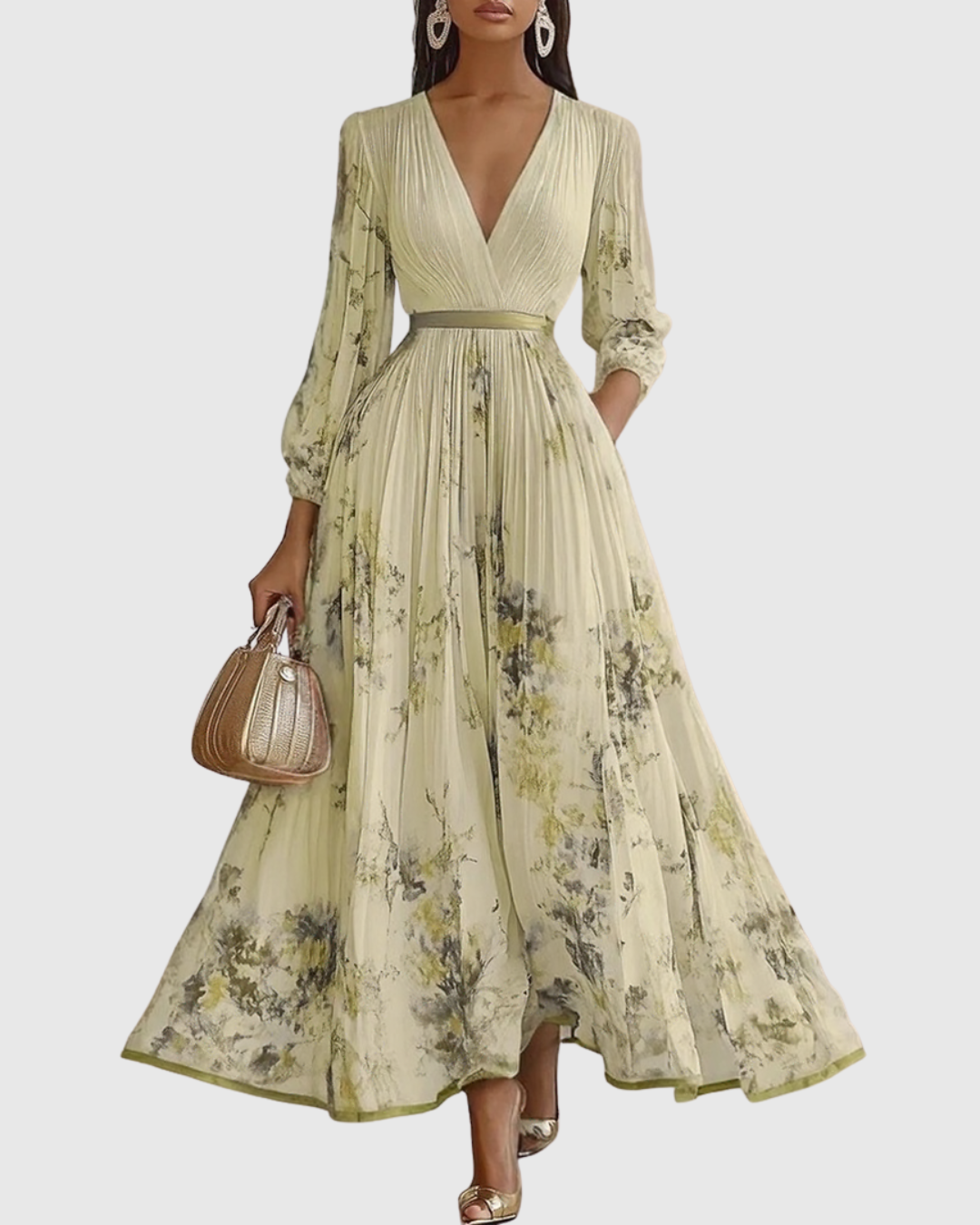 Abito Maxi Plissettato da Donna con Maniche Lunghe – Scollo a V Floreale a Linea A