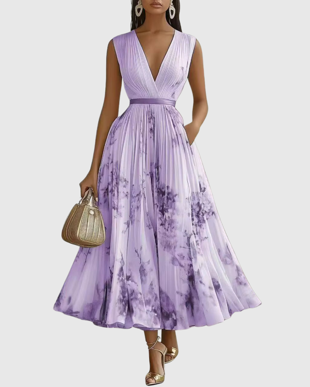 Abito Maxi Plissettato da Donna con Maniche Lunghe – Scollo a V Floreale a Linea A