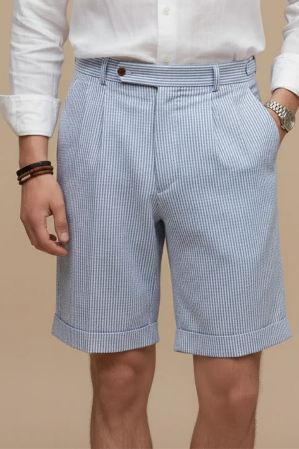 Scott | Pantaloncini Chino da Uomo a Vita Alta con Righe Seersucker e Risvolto