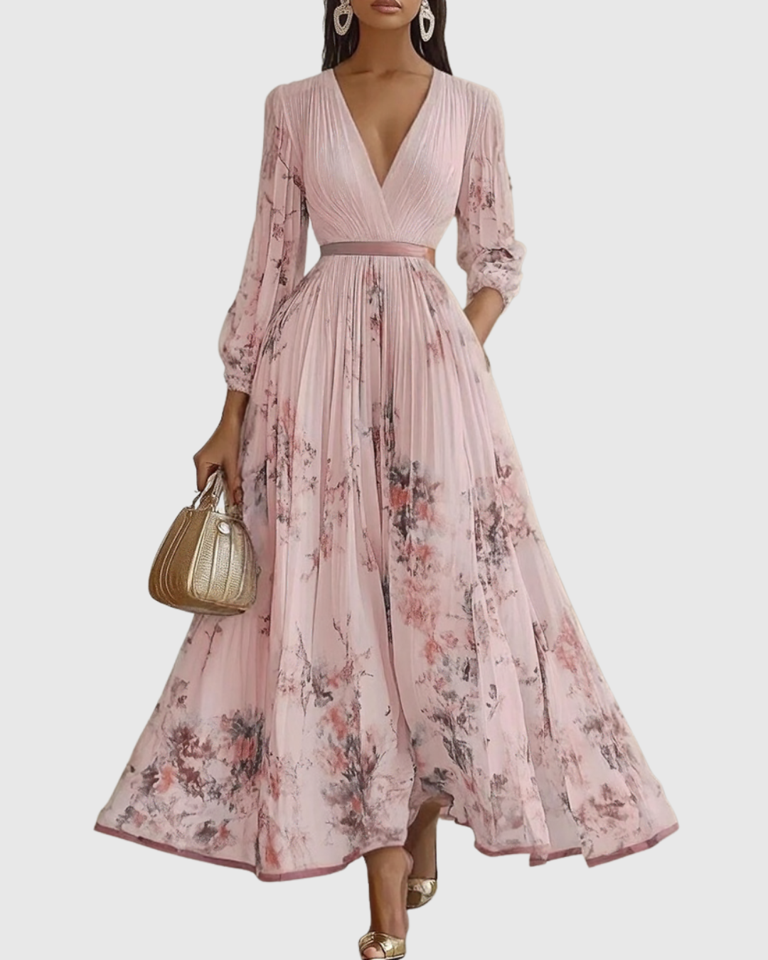 Abito Maxi Plissettato da Donna con Maniche Lunghe – Scollo a V Floreale a Linea A